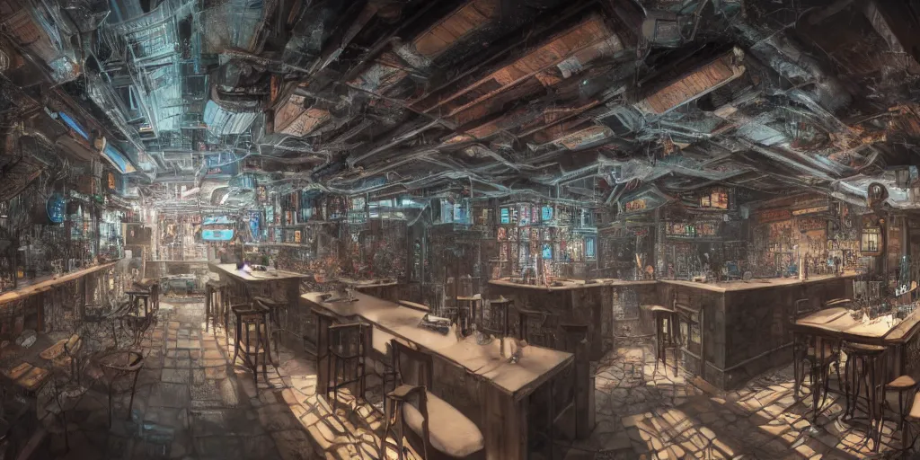 Image similar to Highly detailed realistic photo of interior design in style of minimalism by Hiromasa Ogura and Josan Gonzalez of detailed cyberpunk tavern with stone walls and neon lights, a lot of electronics and people, many details. Natural white sunlight from the transperient roof. Panorama on 360 degrees Rendered in 32K in VRAY and DaVinci Resolve and MAXWELL and LUMION 3D, Volumetric natural light