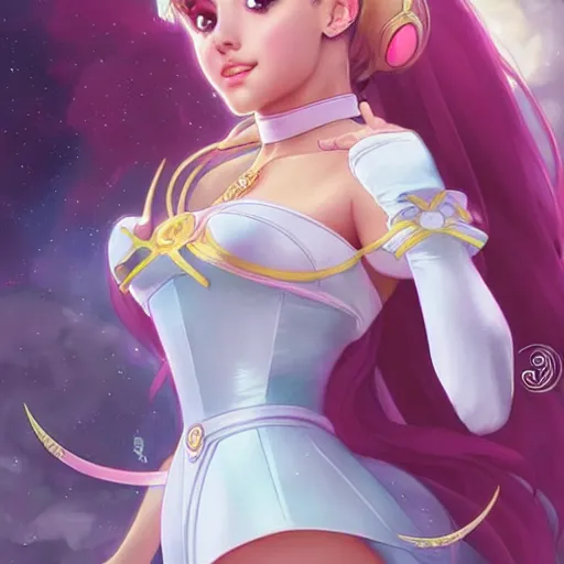 Prompt: ariana grande as sailor moon, fantasy, intricate, elegant, highly detailed, digital painting, artstation, concept art, matte, sharp focus, illustration, art by Artgerm and Greg Rutkowski and Alphonse Mucha