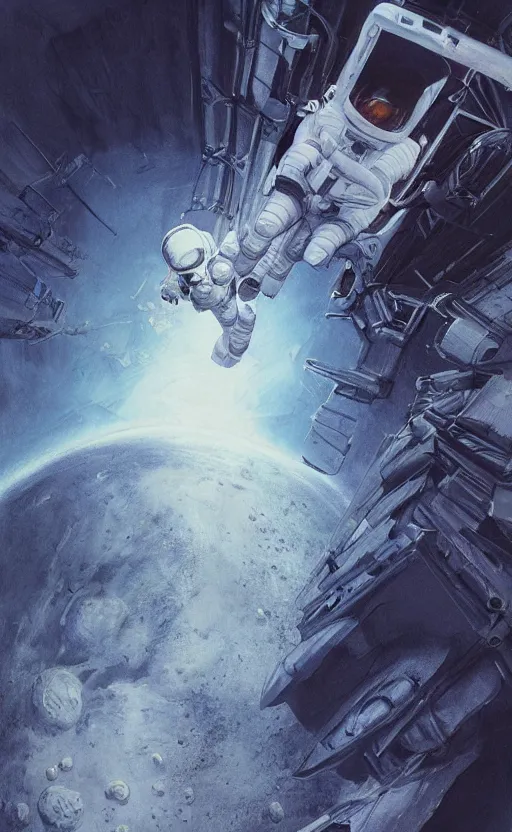 Prompt: a beautiful artwork illustration, concept art sketch of an astronaut in white futuristic cybernetic armor walking on the surface of the moon, drone shot, top view, volumetric fog, godrays, extreme contrast, vibrant colors, vivid colors, high saturation, by Greg Rutkowski and Jesper Ejsing and Raymond Swanland and alena aenami, featured on artstation, wide angle, vertical orientation