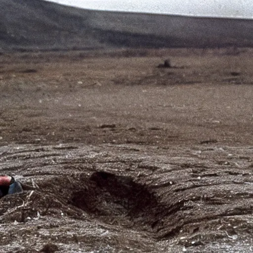 Prompt: george costanza in a barren wasteland, shot by andrei tarkovsky in his film stalker