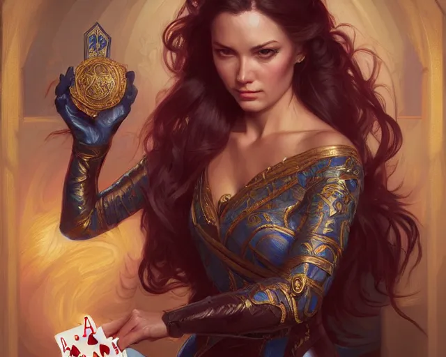 Image similar to royal flush, all in, poker, winner, smirk, deep focus, d & d, fantasy, intricate, elegant, highly detailed, digital painting, artstation, concept art, matte, sharp focus, illustration, hearthstone, art by artgerm and greg rutkowski and alphonse mucha