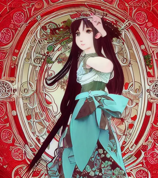 Image similar to Portrait of Hatsune Miku wearing red gothic lolita dress, perfectly drawn hands, beautiful, 4k, smooth, sharp focus, art by Alphonse Mucha and Shirow Masamune