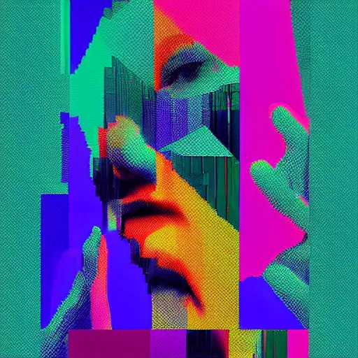 Image similar to glitched, artstation, colorful, pixel sorting