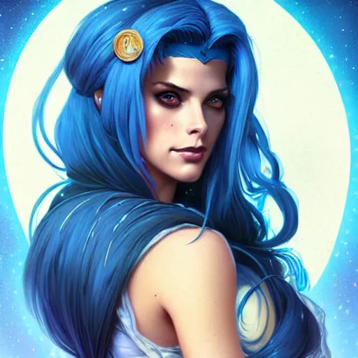 Image similar to Ashley Greene with blue hair as Sailor Moon, western, D&D, fantasy, intricate, elegant, highly detailed, digital painting, artstation, concept art, matte, sharp focus, illustration, art by Artgerm and Greg Rutkowski and Alphonse Mucha