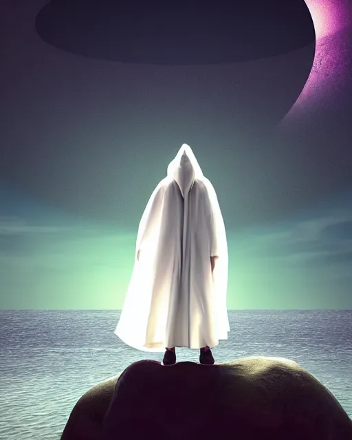 Image similar to a person wearing a white cloak that's blowing in the wind. they are standing in the water. a large planet with rings is visible in the sky. an album cover by stanley twardowicz, trending on cg society, retrofuturism, retrowave, chillwave, synthwave, 3 d render, unreal engine