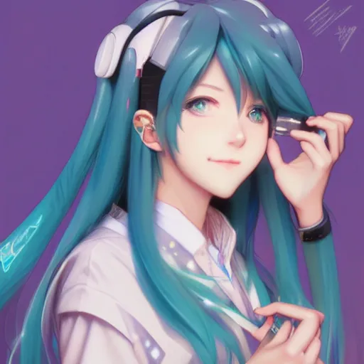 Image similar to hatsune miku using computer, illustration, art by artgerm and greg rutkowski and alphonse mucha