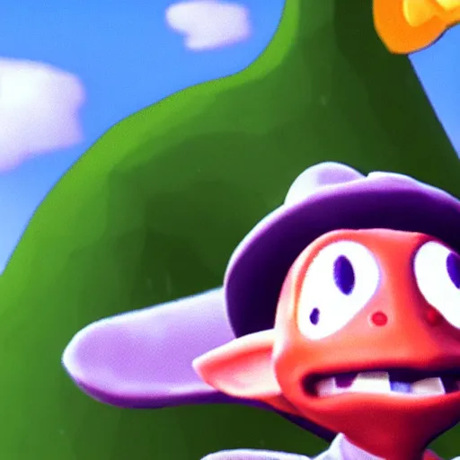 Image similar to screenshot of a cute inspector frog with a brown trenchcoat as an npc in spyro the dragon video game, with playstation 1 graphics, activision blizzard, upscaled to high resolution
