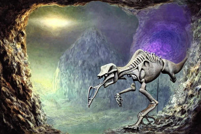 Prompt: dinosaur skeleton in a crystal geode ((in a crystal geode))(((in a crystal geode))), matte-painting