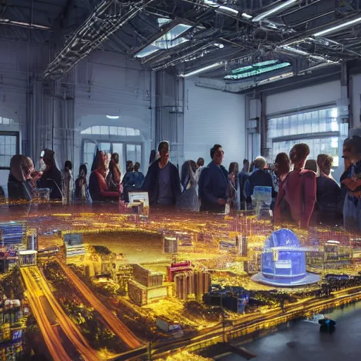 Image similar to large group people in open warehouse, looking at hologram of futuristic city on a table, cinematic still, godrays, golden hour, natural sunlight, 4 k, clear details, tabletop model buildings, tabletop model, ethereal hologram center, crane shot, crane shot, crane shot