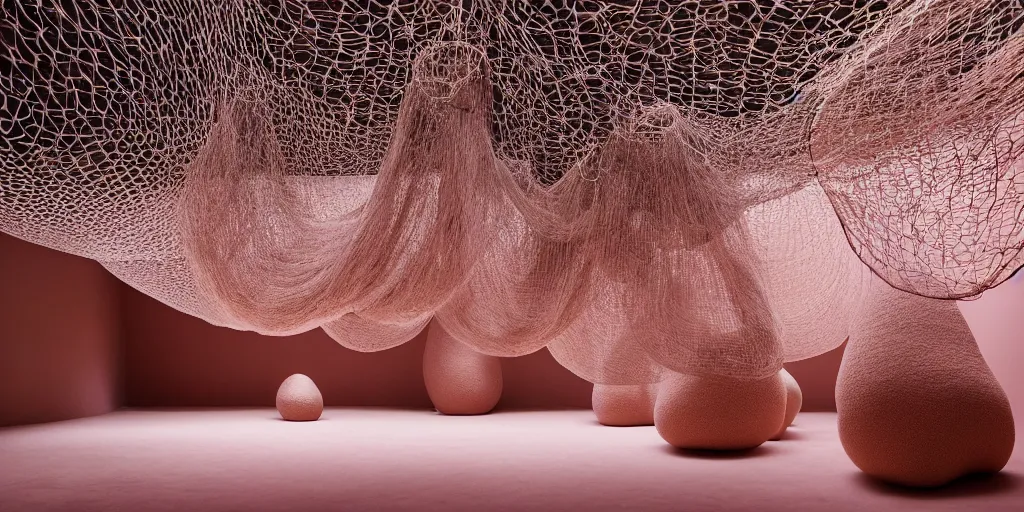 Prompt: biomorphic structures out of stocking - like material and nets that fills with various objects like spices, sand and rocks by ernesto neto, dusty pink with light - mint color, film still from the movie directed by denis villeneuve with art direction by zdzisław beksinski, telephoto lens, shallow depth of field