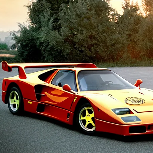 Image similar to arnold schwarzenegger driving a ferrari f 4 0, photo of the year, golden hour, highly detailed