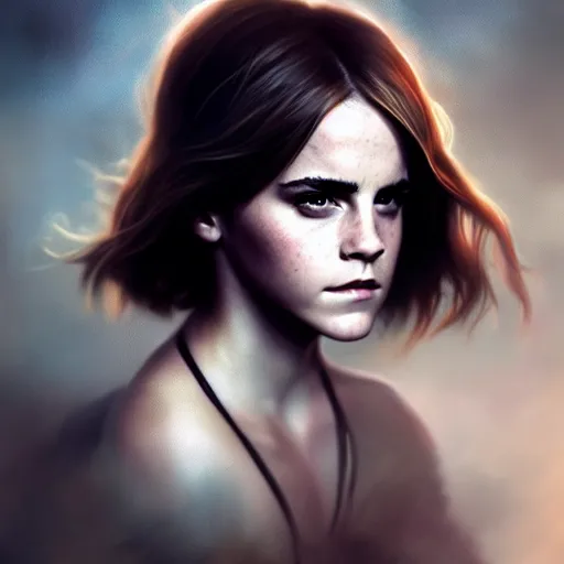 Prompt: emma watson portrait, atmospheric lighting, painted, voluptuous, menacing, intricate, volumetric lighting, beautiful, rich deep colours masterpiece, sharp focus, ultra detailed, by leesha hannigan, ross tran, thierry doizon, kai carpenter, ignacio fernandez rios