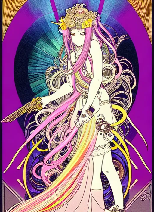 Image similar to highly detailed terada katsuya minaba hideo legend of the cryptids atrstation manga poster of princess mechine, rainbow gradient reflection, long hair, armor, dress, laces, ruffles, 8 k, maximalist, alphonse mucha