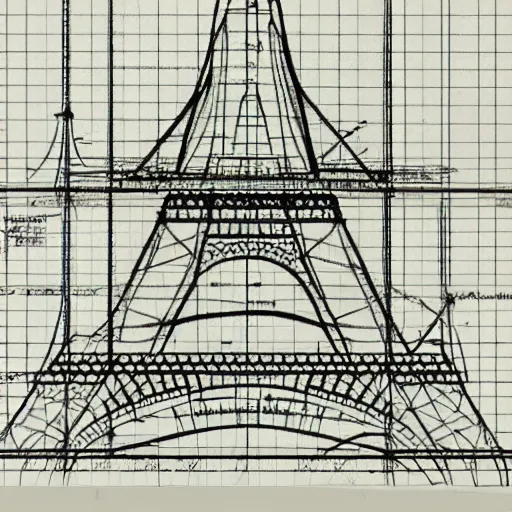 Image similar to rejected design sketches for the eiffel tower blueprint technical drawing laid out on a grid