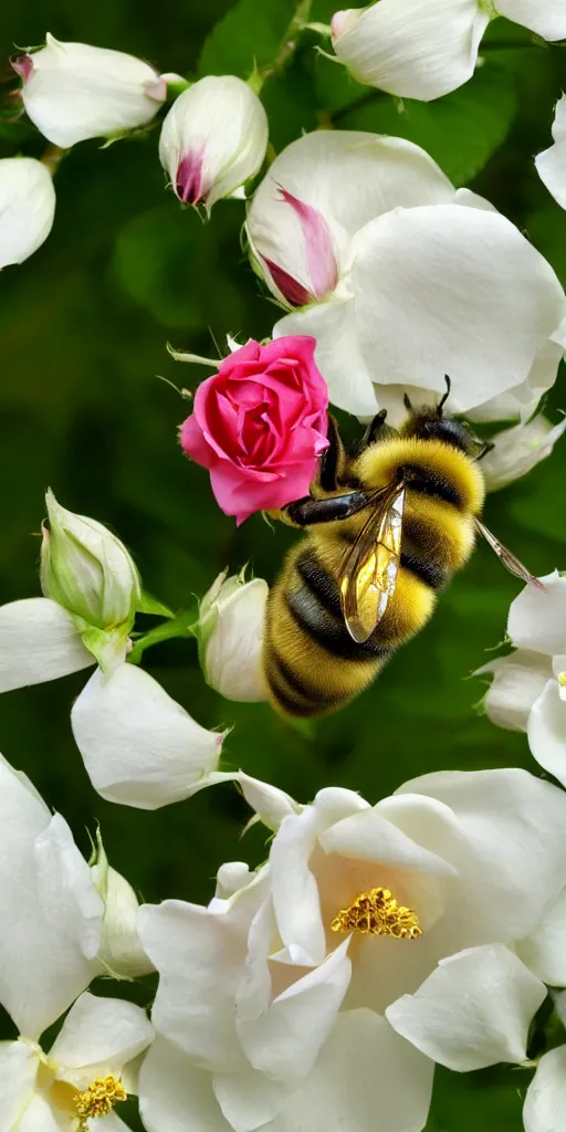 Image similar to fat bee sleeping inside a rose flower catalogue diagram scientific photography