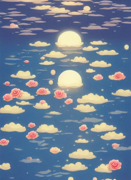 Image similar to On the surface of the sea in the moonlight, there were some roses floating on the surface of the sea，by Chiho Aoshima