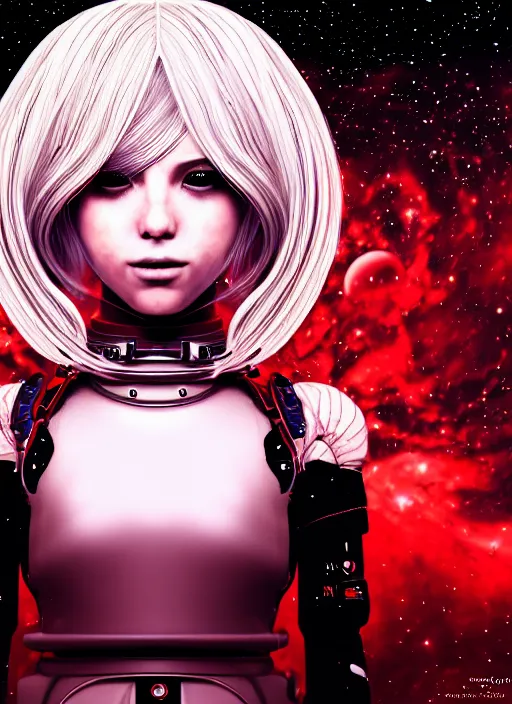 Prompt: highly detailed portrait of a hopeful pretty astronaut lady with a wavy blonde hair, by John Totleben , 4k resolution, nier:automata inspired, bravely default inspired, vibrant but dreary but upflifting red, black and white color scheme!!! ((Space nebula background))