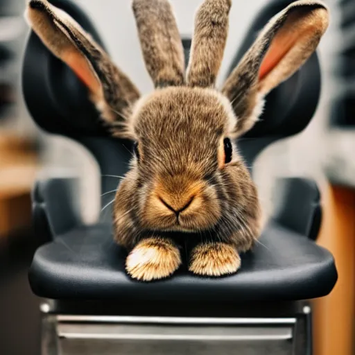 Image similar to sad rabbit sitting in a barbers chair