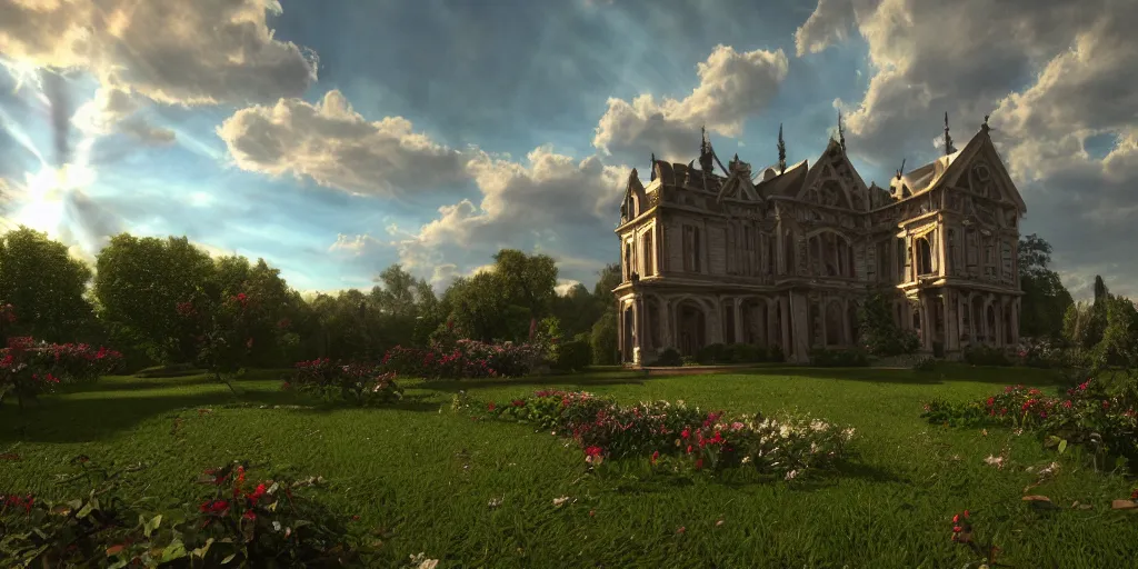 Prompt: gothic, mansion, few clouds, dawn, flowerbeds, vines, god rays, realistic, filmic lighting, very detailed, ornate, volumetric, by artstation, artemisia gentileschi, wide angle