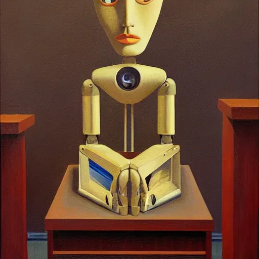 Image similar to intricate and refined, super - intelligent robot with kind eyes portrait, grant wood, pj crook, edward hopper, oil on canvas