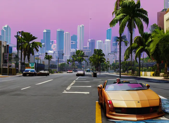 Prompt: still next - gen ps 5 game grand theft auto 6 2 0 2 4 remaster, graphics mods, rain, red sunset, people, rtx reflections, gta vi, miami, palms and miami buildings, photorealistic screenshot, unreal engine, 4 k, 5 0 mm bokeh, close - up 9 f cabrio!, gta vice city remastered, artstation