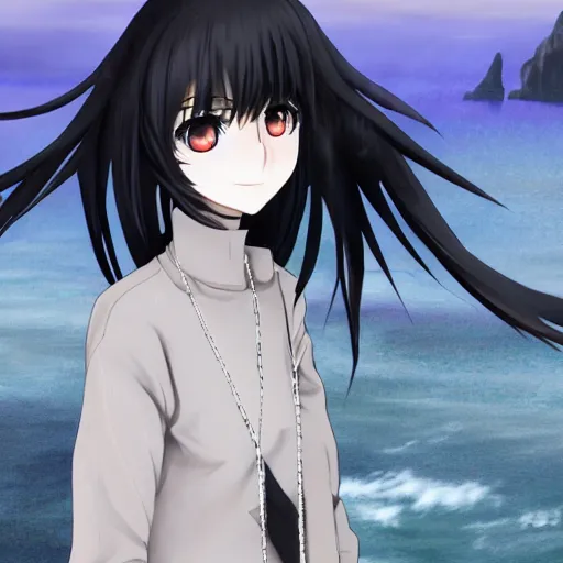 Image similar to 1 7 - year - old anime goth girl, black hair, long bob cut, long bangs, gothic coat, long bangs, standing on cliff along the irish coast, overcast gray skies, ultra - realistic, sharp details, cold lighting, blue and gray colors, intricate details, subsurface scattering, hd anime, 2 0 1 9 anime