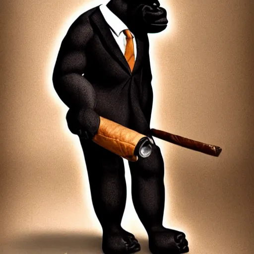 Prompt: a professional, award-winning photograph of a gorilla wearing a suit and smoking a cigar, chiaroscuro