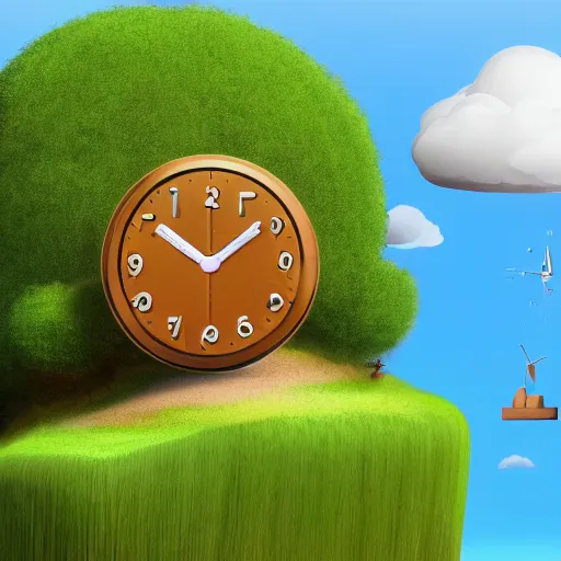 Prompt: a clock floating on an floating island, there are clouds around, it is on earth, on the background there are other floating islands too, cartoony, 4 k resolution, award winning