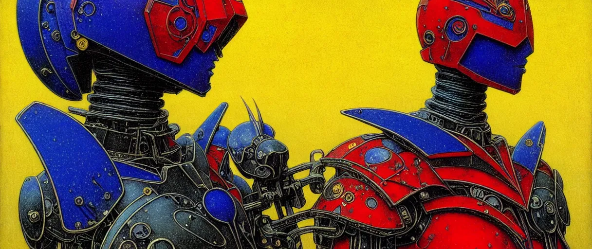 Prompt: composition of gothic and futuristic, warhammer, cyber armor, more and more scars, storm, blue head, red, yellow, many mech flowers, the middle ages, highly detailed, artstation, in the style of moebius, jugendstil and classic japanese print, art by jean delville and rene magritte