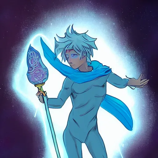 Image similar to sylph race magic user full body nonbinary holding a staff of healing light blue skin tone highly detailed comic book style steve ditto