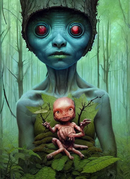 Image similar to cute alien in the woods by a river gorgeous lighting, lush forest foliage blue sky a hyper realistic painting by chiara bautista and beksinski and norman rockwell and greg rutkowski, tom bagshaw weta studio, and lucasfilm