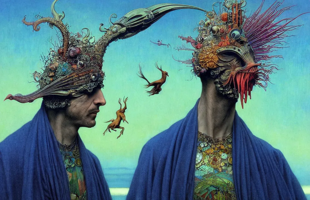 Image similar to realistic detailed portrait movie shot of a birdman wearing a dark robes, sci fi city landscape background by denis villeneuve, amano, yves tanguy, alphonse mucha, ernst haeckel, max ernst, roger dean, masterpiece, rich moody colours, dog teeth, blue eyes, sunset