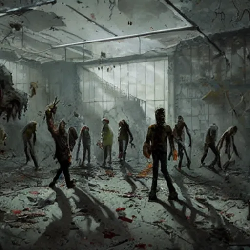 Image similar to zombies walking inside an abandoned laboratory, Matte painting , detailed painting, greg rutkowski