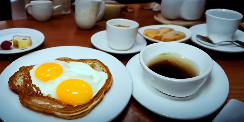 Image similar to photo of breakfast, close - up, low saturation, diffuse light