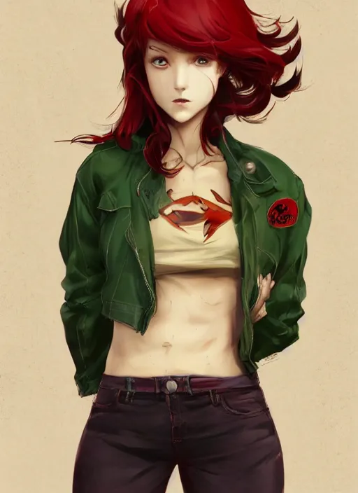 Image similar to full-body shot of an attractive tomboy girl with long, crimson red hair and red eyes, wearing a brown, open jacket and green jeans with a stern look, midriff, concept art, character design, by WLOP, by Ross Draws, by Tomine, by Satoshi Kon, by Rolf Armstrong