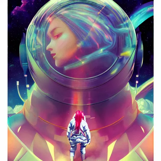 Image similar to over the cloud there is a cosmic girl, she isColorful astronaut, flowing robe, floating , colorful nebula, derelict space ship, science fiction spaceman, space, futuristic spacesuit, cover art, cinematic, highly detailed, strong line work, Alphonse Mucha, John Harris, 4k render, 4k post, hyper detailed