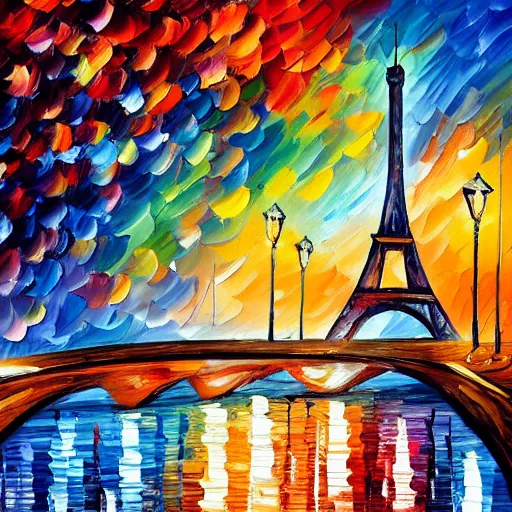 Image similar to knife - painting of a colorful and contrasted scenery, a cat walk on a roof in paris, the moon shine in the sky, the effeil tower is in the background, in the style of leonid afremov