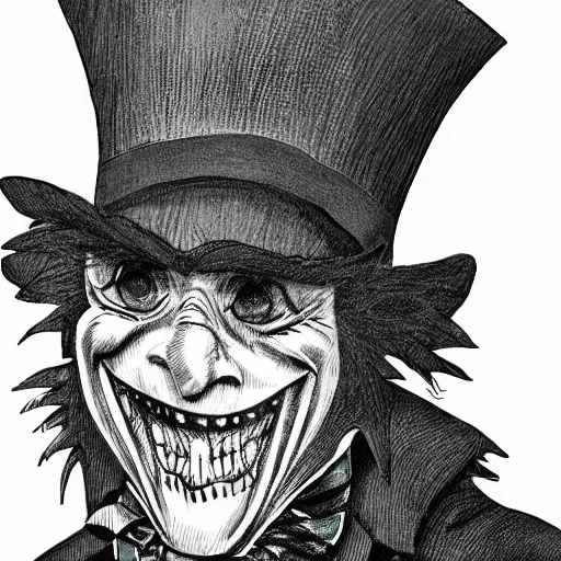 Image similar to a Pop Wonder scary horror themed goofy-hilarious-character Mad-Hatter-wearing a scarf, 3-piece-suit, dime-store-comic drawn with charcoal and pen and ink, half-tone-line-stacking