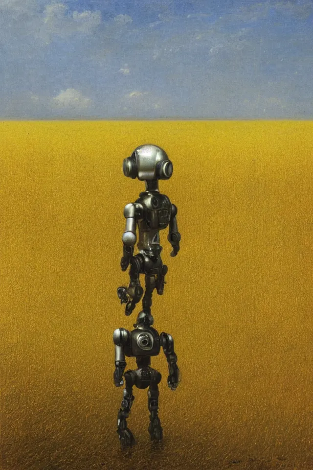 Prompt: the back view of one small terminator robot, standing in the middle of yellow wheat fields, looking at some gargantuan tall buildings by Ivan Aivazovsky, golden ratio