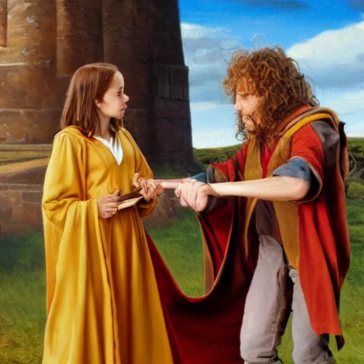 Image similar to hermione granger slapping asterix, oil painting, renaissance 4 k masterpiece