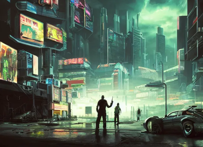 Image similar to cyberpunk scifi scene of the hulk fighting walter white, artstation, matt painting, very detailed, maximalism, ambient occlusion, volumetric light, atmospheric haze, unreal engine, hyper realism, realistic shading, cinematic composition, realistic render, octane render, detailed textures, photorealistic, wide shot