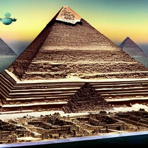 Image similar to the aliens building the pyramid of giza photo realistic 3 d