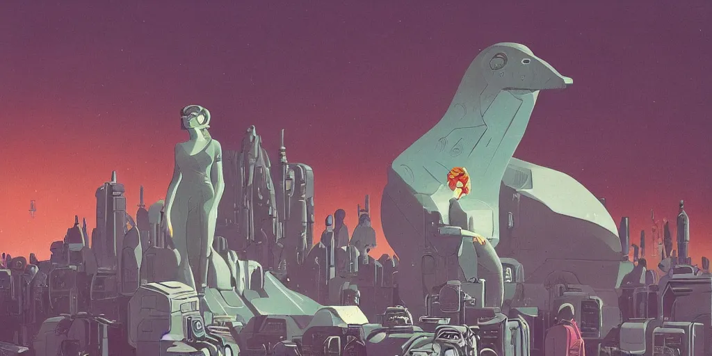 Image similar to vintage sci - fi, matte gouache illustration, gigantic woman speaking to floating cats in the air, cubes of ice around, a lot of tears, people crying, ominous, style by moebius