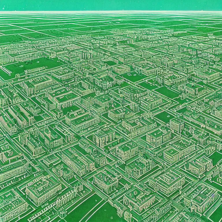 Prompt: Photo of one-point perspective to the center of the frame, ground level view of soviet town, infinitely long soviet panel buildings. A perfect green lawn in the center of the frame. High detail, details, 105mm, symmetric, symmetrical, synched, surreal, cloudless-crear-sky, cinematic