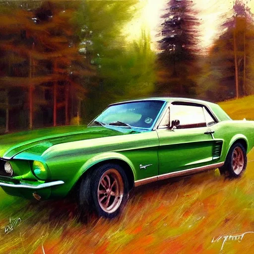 Image similar to blonde woman, green 1967 Ford Mustang, Swedish countryside, freedom, dawn, beautiful blonde woman, atmospheric, painting by Vladimir Volegov