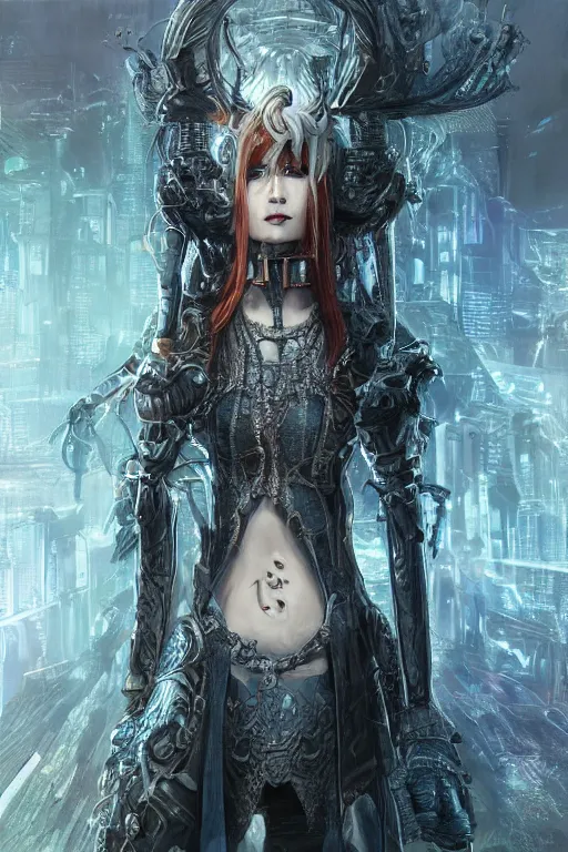 Image similar to ultradetailed realistic RPG cosplay airbrushed digital art portrait-illustration of a beautiful symmetrical eerie Medusa wearing cyberpunk clothes and an armor with much decorum!!!!!!!! standing next to bioluminiscent otherworldly towers in a three quarters pose in a sci-fi cityscape, epic poster art, 3D rim light, octane render, artstationHQ