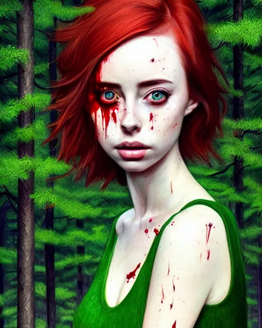 Prompt: surrounded by trees, realistic character concept, gorgeous Kacey Rohl, red hair, small freckles, symmetrical eyes, green dress, covered in blood, dark forest, trees, shorter neck, cinematic lighting, Joshua Middleton and artgerm, fear anxiety terror