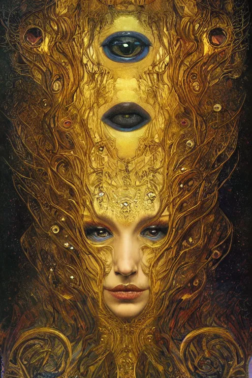 Image similar to Visions of Hell by Karol Bak, Jean Deville, Gustav Klimt, and Vincent Van Gogh, visionary, otherworldly, fractal structures, ornate gilded medieval icon, third eye, spirals