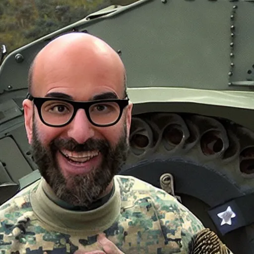 Prompt: michael vsauce in a military tank