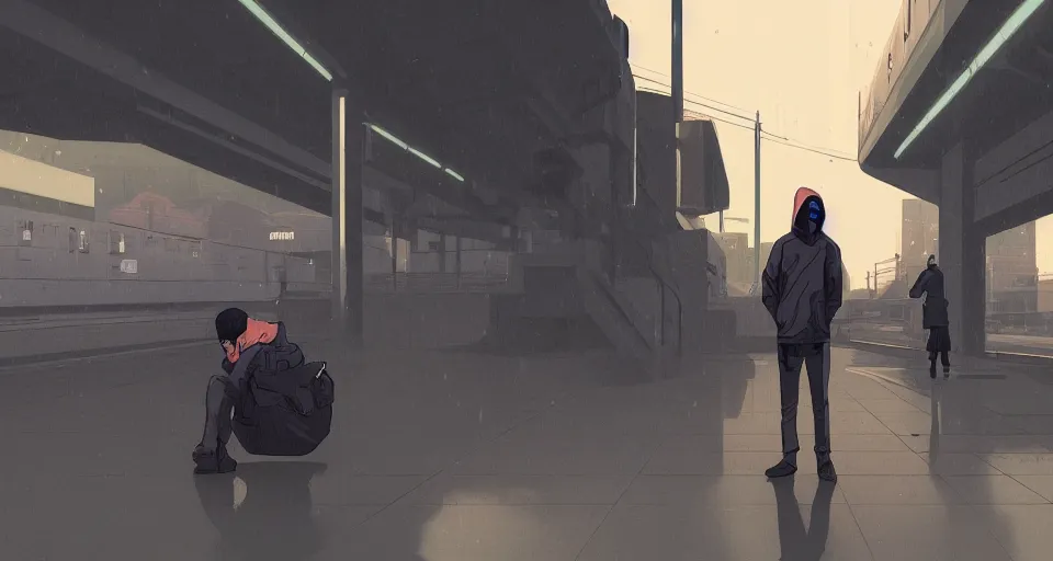 Prompt: a man wearing a hoodie waiting for a train at a train station, cyberpunk art by tomer hanuka, cgsociety, photorealism, matte drawing, digital illustration, digital painting